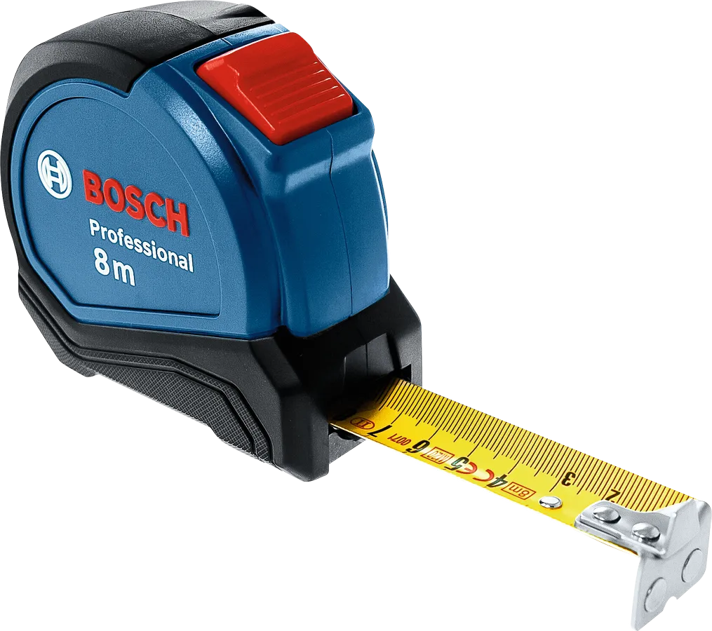 Μετροταινία Bosch 8 μέτρων με κίτρινη λάμα εκτεταμένη.